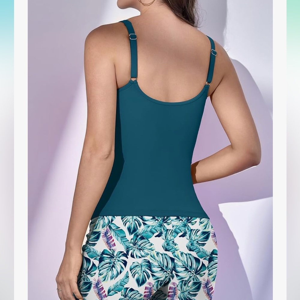 🍾NWT Eomenie Tropical Leaf Print Shorts and Blue Tankini Set, Size XL - Picture 3 of 9